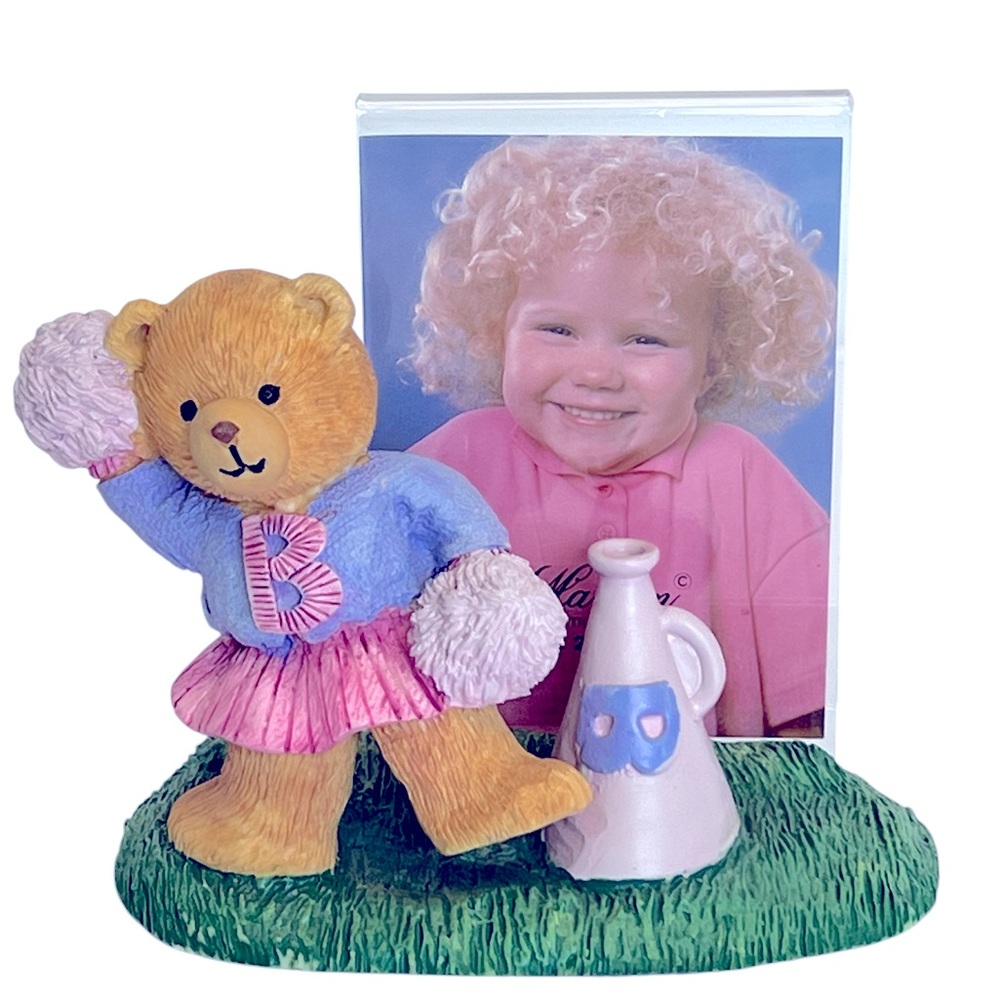 Vintage Hand Painted Resin Cheerleader Bear Photo Frame. Size = 2.5 x 3.5 Photo